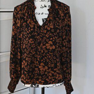 ana A New Approach LARGE Black Blouse w/ Brown Botanical Print FALL Long Sleeve